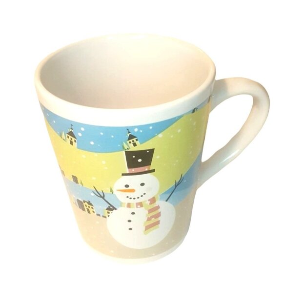 Snowman Coffee Mugs Set of 2 Large 16oz White Blue Green Ceramic - Picture 3 of 4